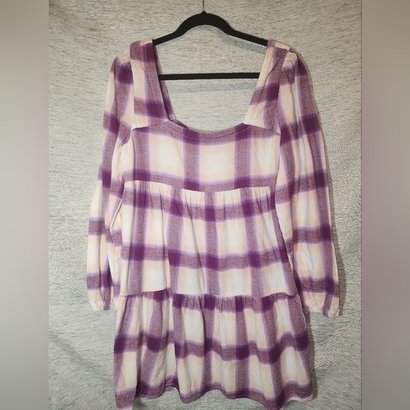 BP by  Nordstrom Flannel Purple Plaid Ruffle Mini Dress Square Neck Oversized M - Picture 1 of 6
